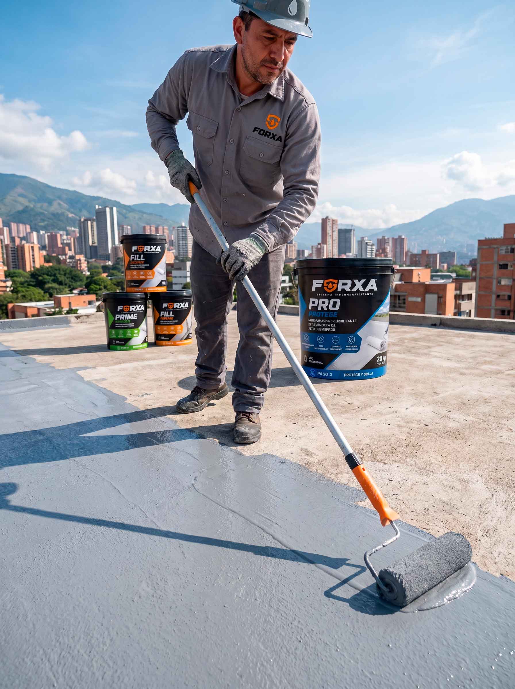 Profesional aplicando sistema impermeabilizante FORXA en cubierta de Medellín